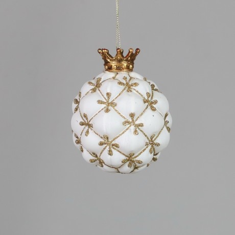 Bombka biała z królewską koroną pikowana - ozdoba świąteczna