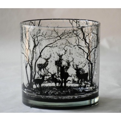 Świecznik szklany czarny kraina zimowa 15x15 cm