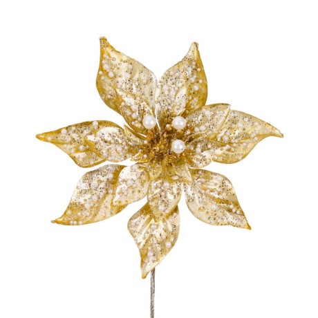 Poinsettia na choinkę złota z perełkami 38 cm