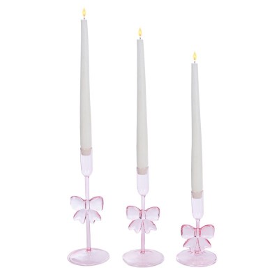 Świeczniki szklane różowe kokardy zestaw 15/20/25 cm
