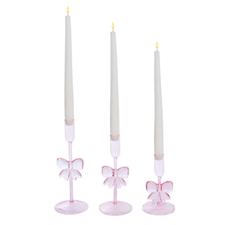 Świeczniki szklane różowe kokardy zestaw 15/20/25 cm