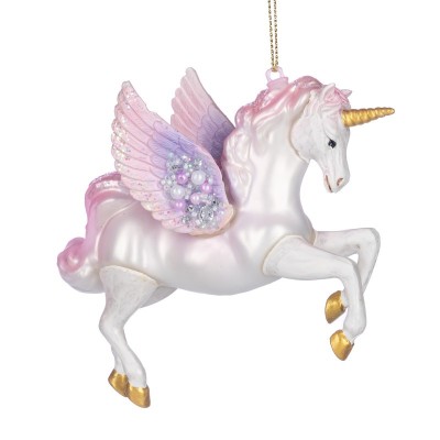 Zawieszka na choinkę szklana kremowo - różowy jednorożec 14 cm