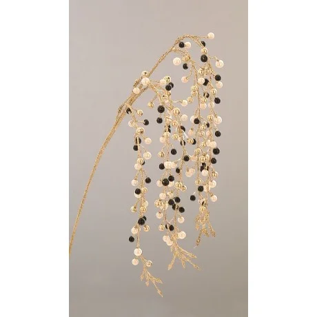 Gałązka ozdobna perełkowa biało - czarno - złota 60 cm