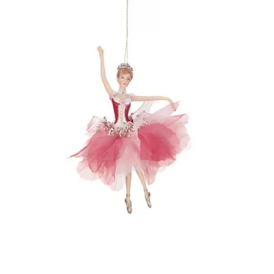 Baletnica na choinkę różowo - burgundowa w złotych baletkach 18 cm