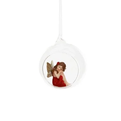 Figurka na choinkę wróżka czerwona w szklanej kuli 9 cm