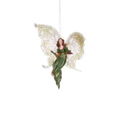 Motyl na choinkę zielony z dużymi białymi skrzydłami i gwiazdką w dłoni 18 cm