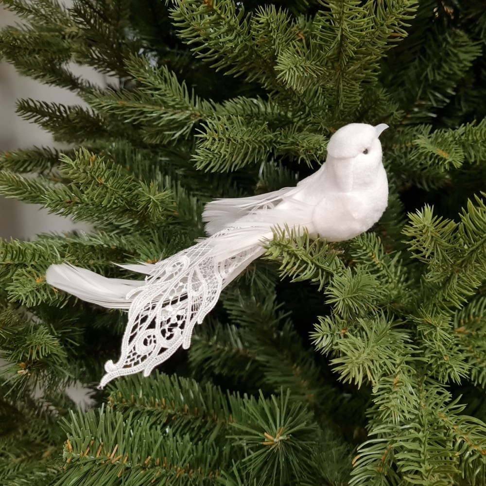 Ozdoba choinkowa - biały ptaszek z gipiurą