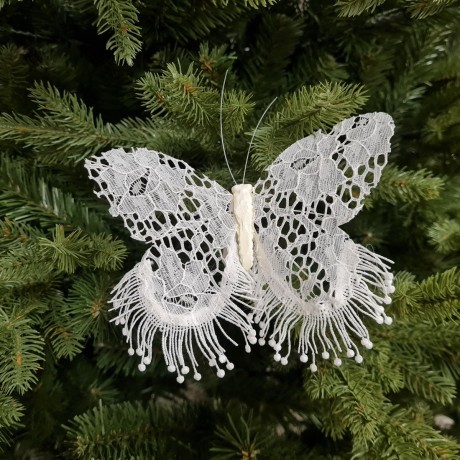 Ozdoba choinkowa biała - koronkowy motyl 16 cm