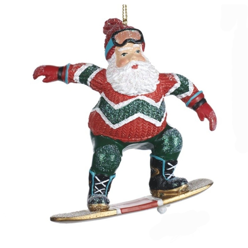 Figurka na choinkę gwiazdor zielono - czerwony na snowboardzie 10 cm